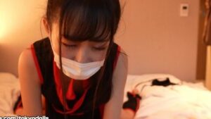 Japanese girl gives a guy a handjob and intercrural sex wearing a kunoichi.